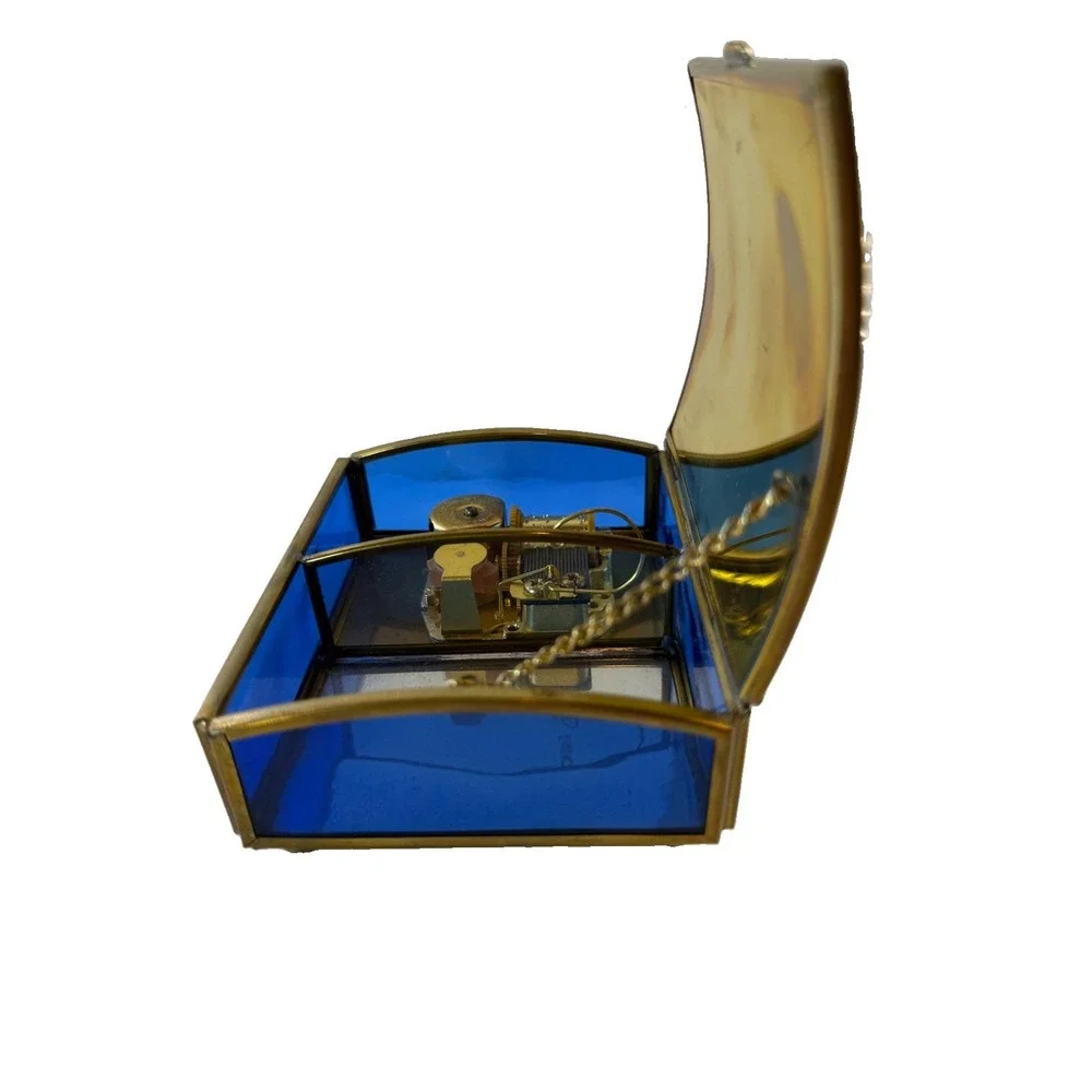 Vintage Enesco Brass & Cobalt Blue Glass Music Box The Spring/Primavera Mexico
